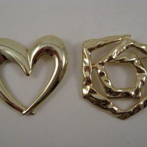 Lot of 2 Gold Tone Metal Fashion Pin Brooch Open Heart & TORINO Hexagon Swirl